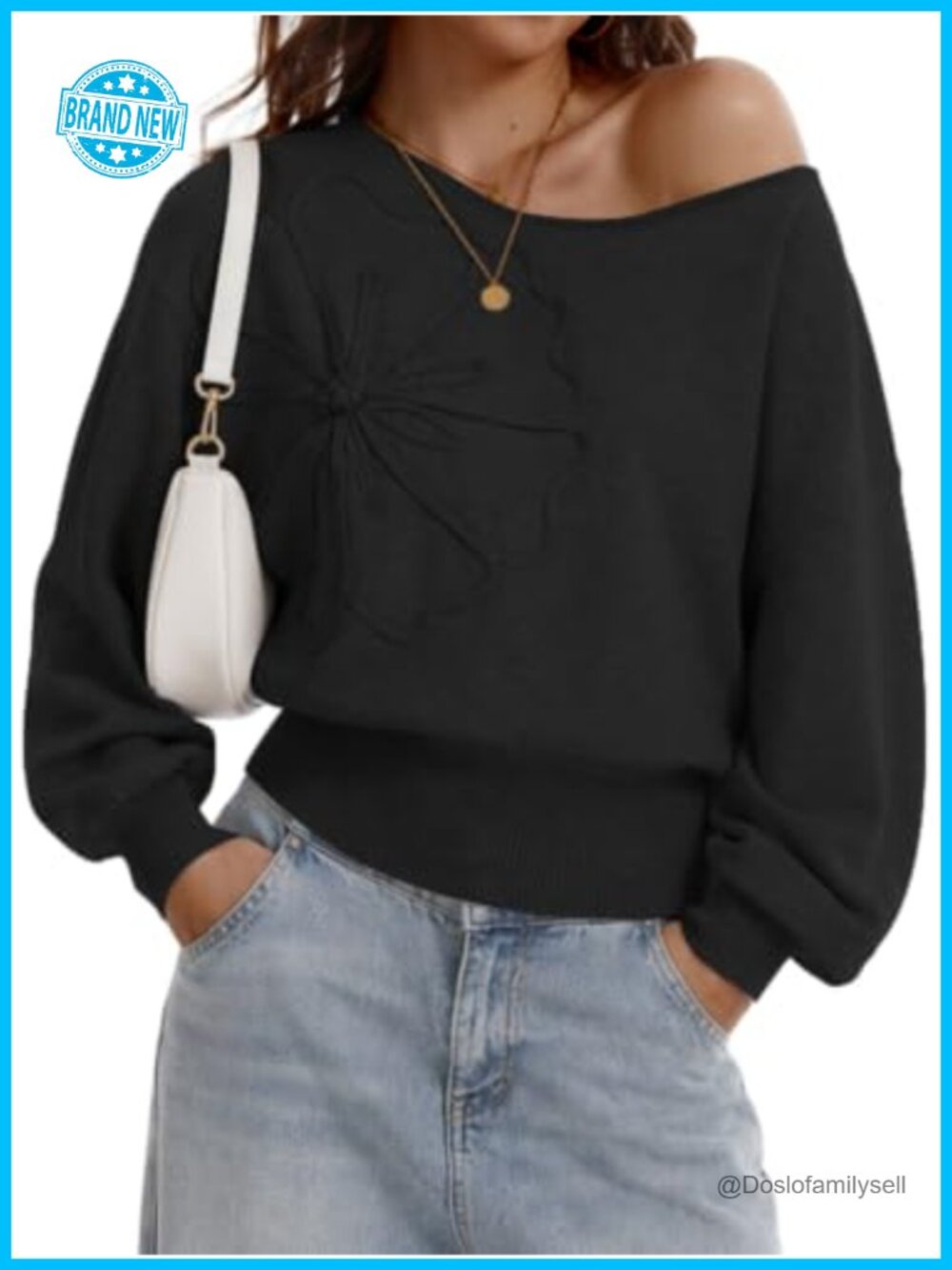 Off Shoulder Batwing Sleeve Sweater with Floral Embroidery